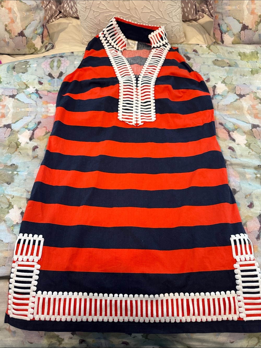 Sail to Sable orangish red and Navy Striped Tunic Dress with White Trim